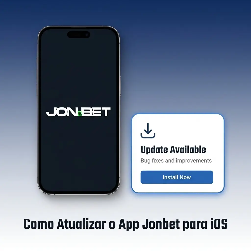 Passos para atualizar o app Jonbet no iOS, com tela de iPhone mostrando o botão de atualização no Safari
