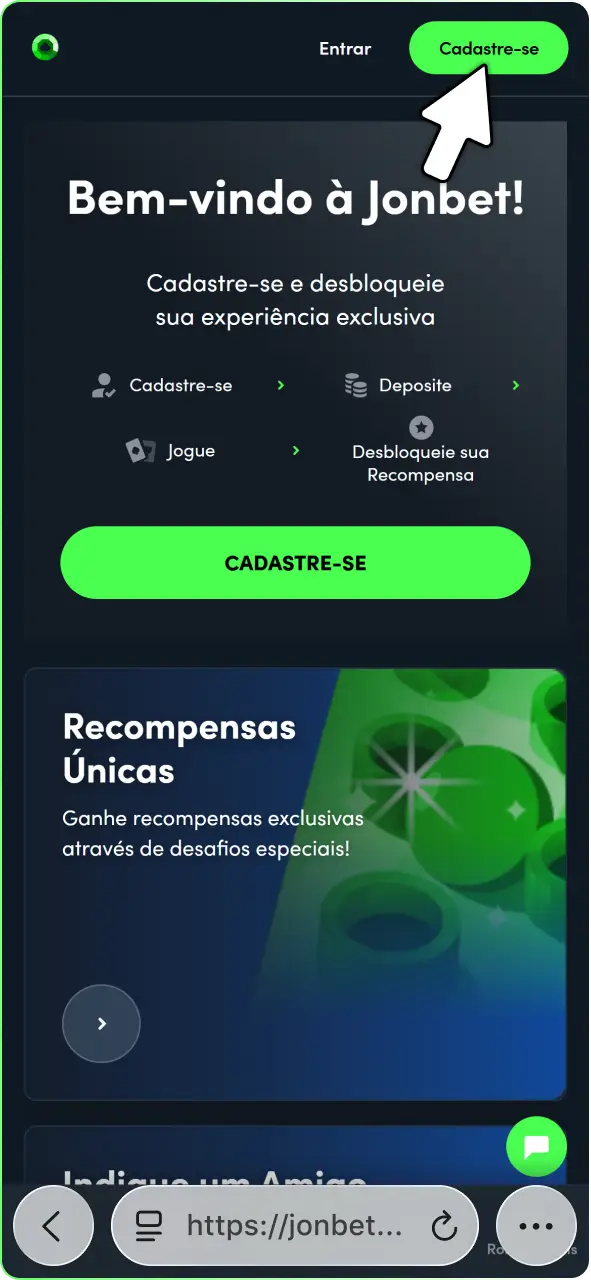 Abra o app Jonbet e clique no botão Cadastrar para iniciar o registro.
