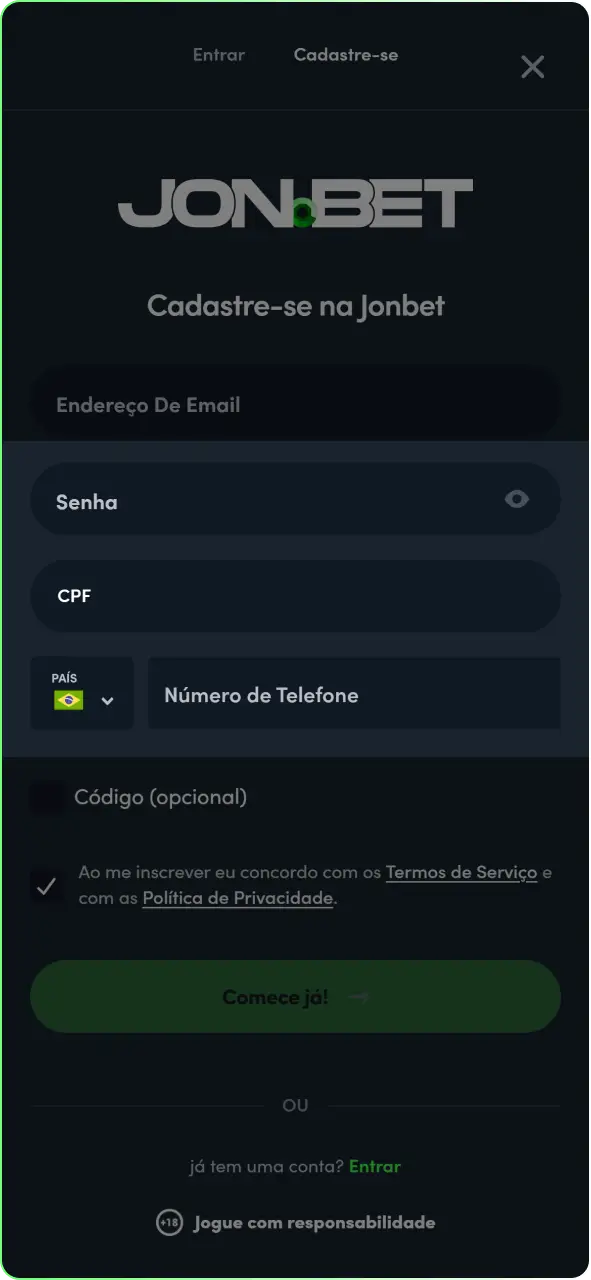 Preencha as informações solicitadas no formulário de cadastro do app.