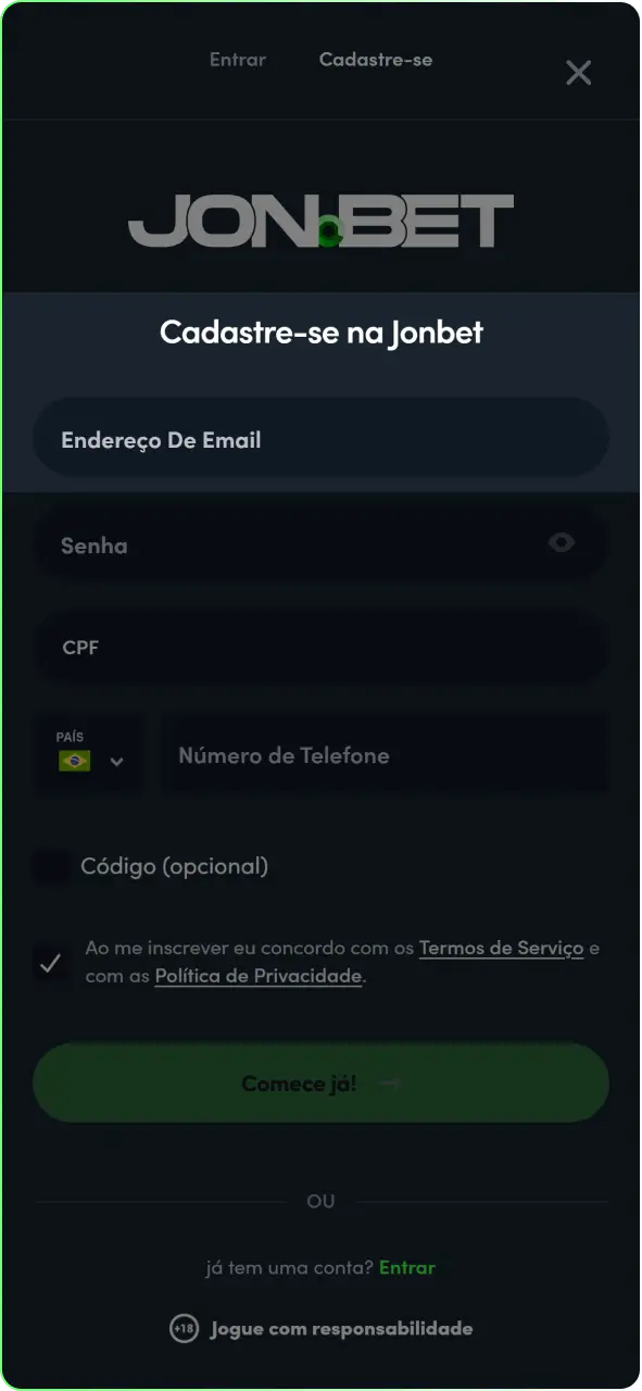 Escolha a opção de cadastro de sua preferência dentro do aplicativo.