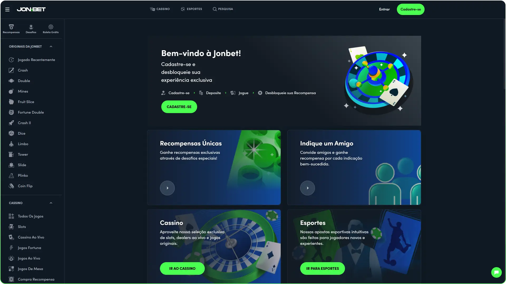 Conheça a página inicial da Jonbet e acesse os principais jogos de cassino e apostas.