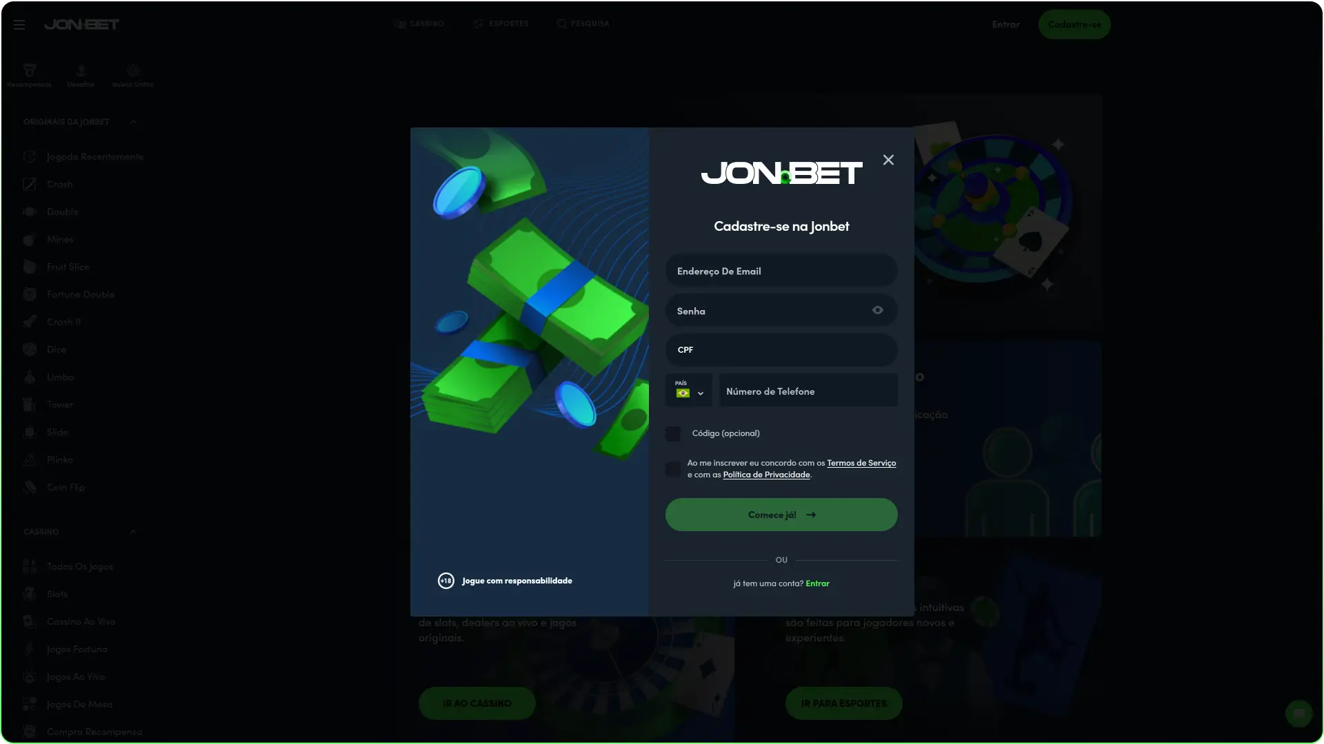 Crie sua conta na Jonbet preenchendo o formulário oficial de cadastro.