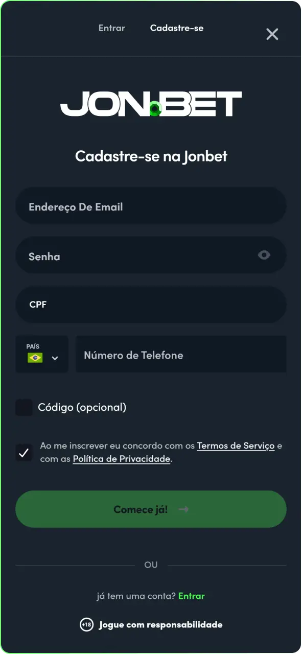 Escolha a opção de registro de sua preferência para criar a conta.