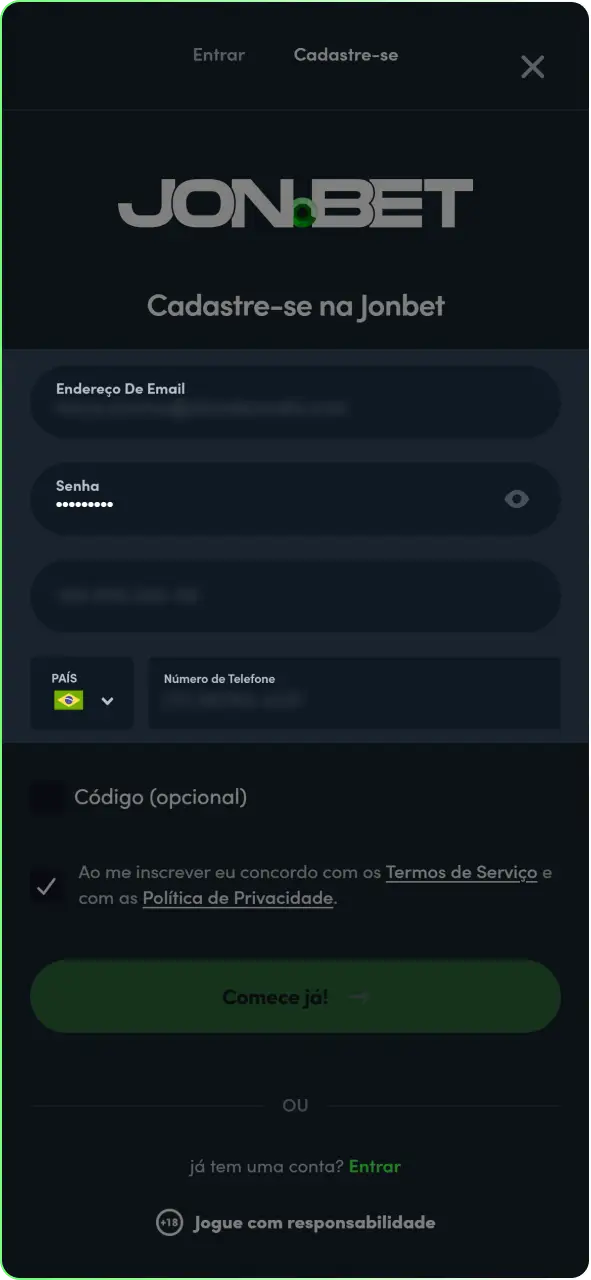 Preencha seus dados pessoais e crie as credenciais de acesso na Jonbet.